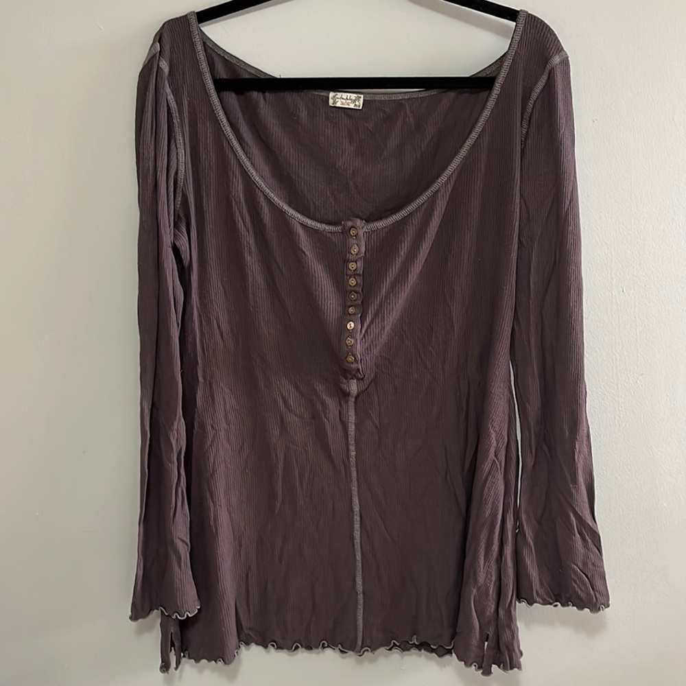 Free People Waffle Long Sleeve Henley Thermal Purple Brown Oversized Medium M